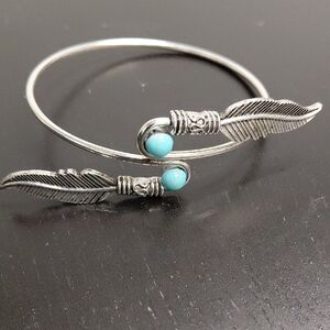 Silver Feather Bangle with Turquoise Accents